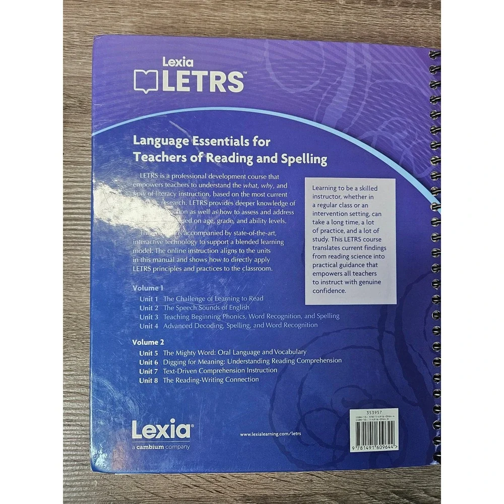 Lexia LETRS Vols 1 & 2, Units 1-4 & 5-8 Spiral Moats Tolman Reading